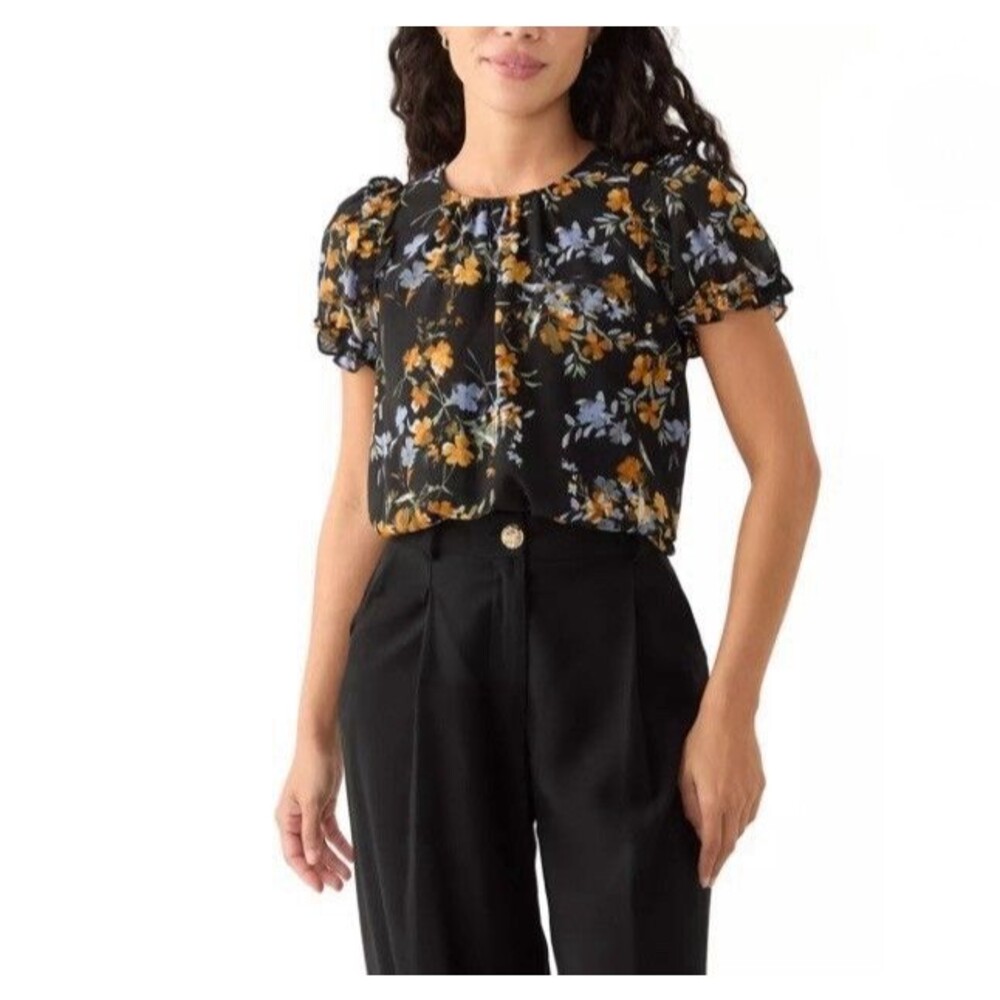 CeCe Women XL Petite Blouse Short Sleeve Ruffle Top Black Gray Yellow Excellent